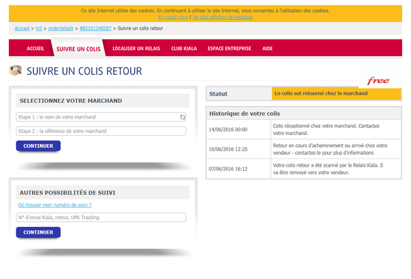 Résiliation Free : Suivi Kiala