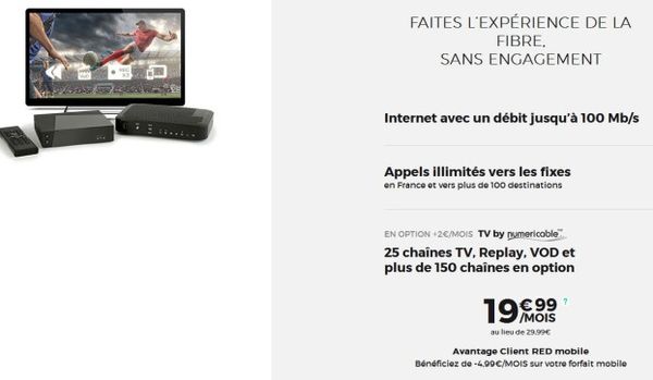 RED by SFR: Fibre à Terminaison Coaxial, de 30Mbps jusqu'à 100Mbps.