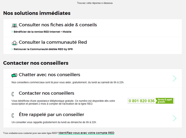 Contacter le Service Client RED: Choisir Contacter nos conseillers