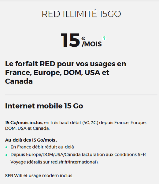 RED Mobile : Offre illimité 15Go Europe, DOM, USA & Canada.