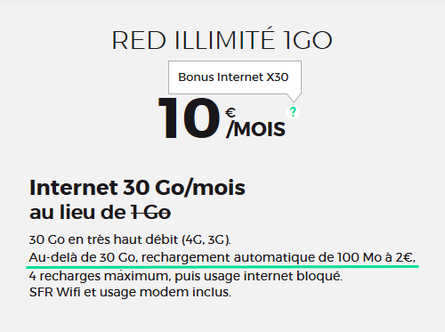 RED Mobile : Offre illimité 1Go, surfacturation 100Mo au delà.